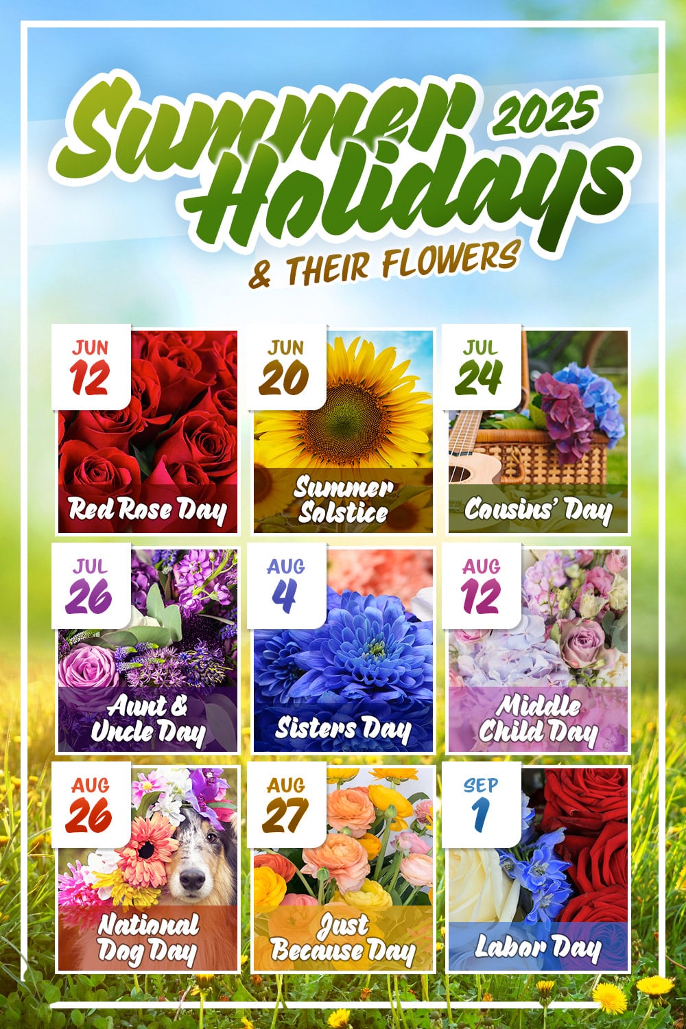 A poster titled "Summer Holidays 2025 & Their Flowers" lists various holidays with corresponding flowers: "Red Rose Day" on June 12; "Summer Solstice" on June 20 (sunflower); "Cousins' Day" on July 24 (hydrangea); "Aunt & Uncle Day" on July 26 (lavender and roses); "Sisters Day" on August 4 (blue chrysanthemum); "Middle Child Day" on August 12 (mixed pastel flowers); "National Dog Day" on August 26 (dog with flower crown); "Just Because Day" on August 27 (colorful ranunculus); "Labor Day" on September 1 (roses and delphinium). Background features a grassy field and sky.